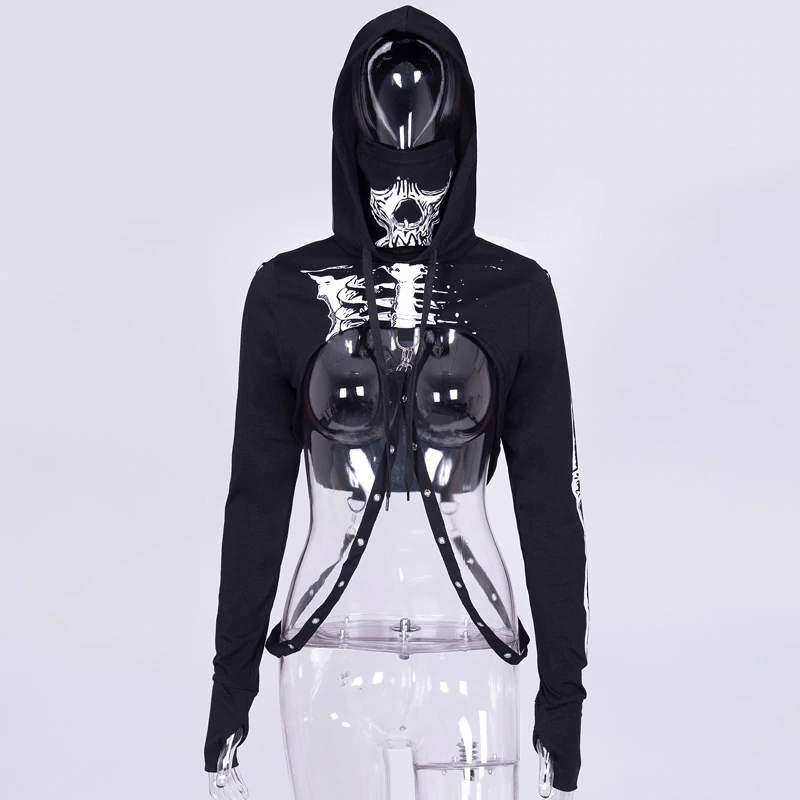 Skeleton Print Hooded Shrug With Ninja Mask - Ghoul RIP