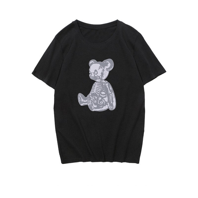 Skeleton Teddy Bear Print Graphic Tee - Ghoul RIP