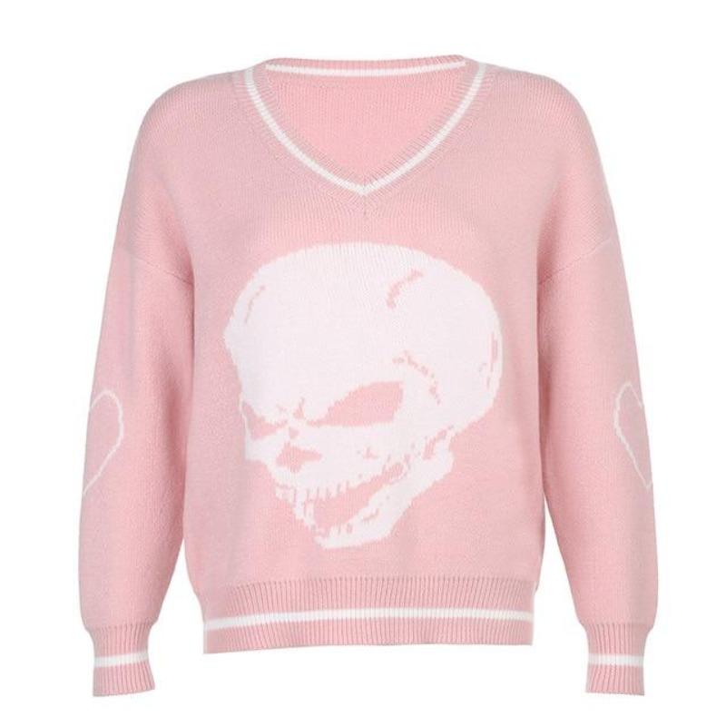 Skull Knit Jacquard V Neck Sweater - Ghoul RIP