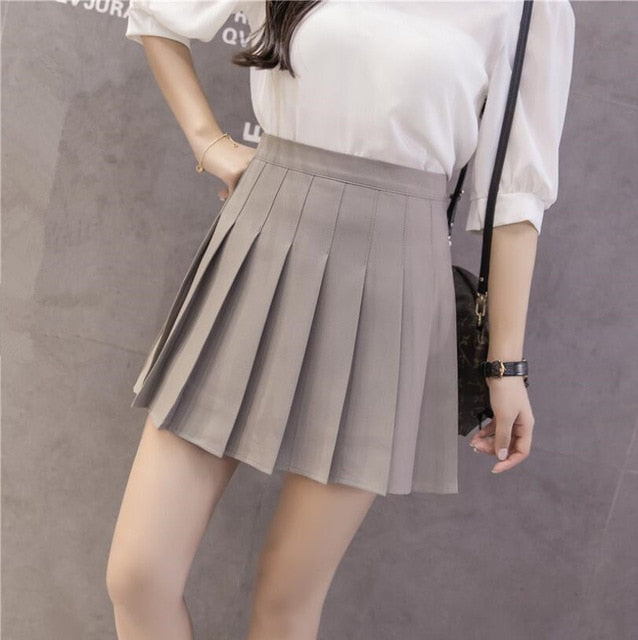 Solid Color High Waist Pleated Mini Skirt - Ghoul RIP