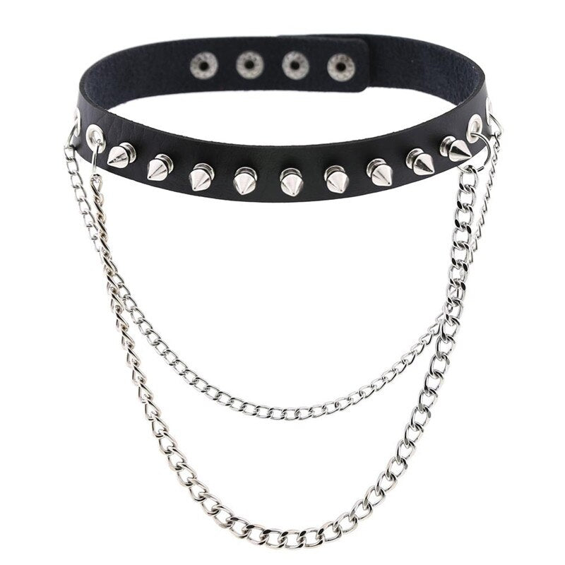 Spiked Leather Choker With Tiered Chains - Ghoul RIP