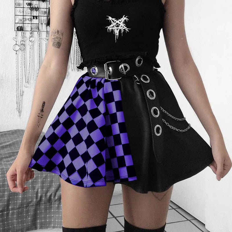 Split Pattern Checkerboard Skater Skirt - Ghoul RIP