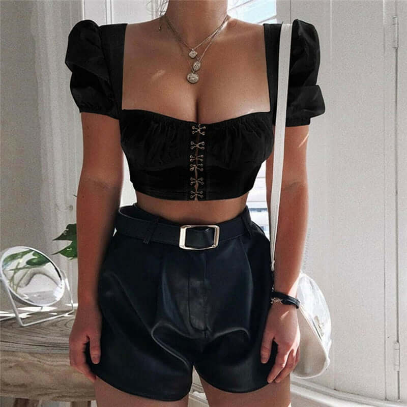 Square Neck Cropped Puff Sleeve Top - Ghoul RIP