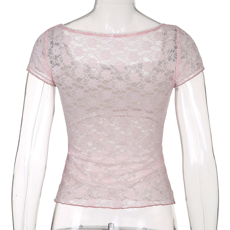 Square Neck Pink Lace Crop Top With Bow - Ghoul RIP