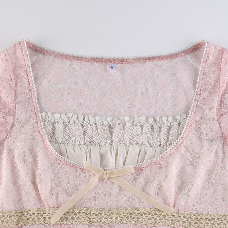 Square Neck Pink Lace Crop Top With Bow - Ghoul RIP