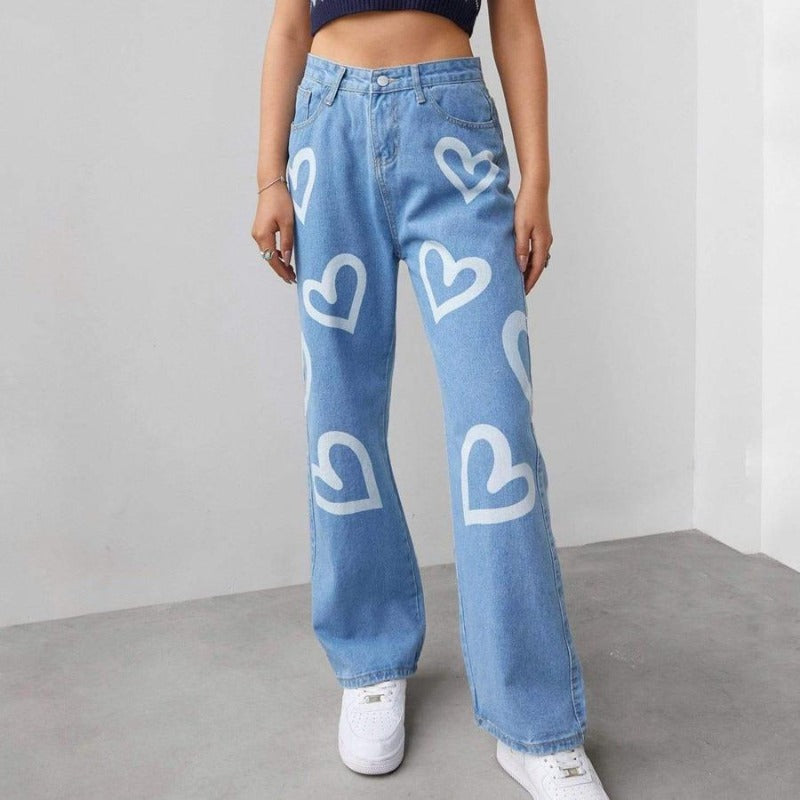 Straight Leg Jeans With Heart Graffiti Print - Ghoul RIP