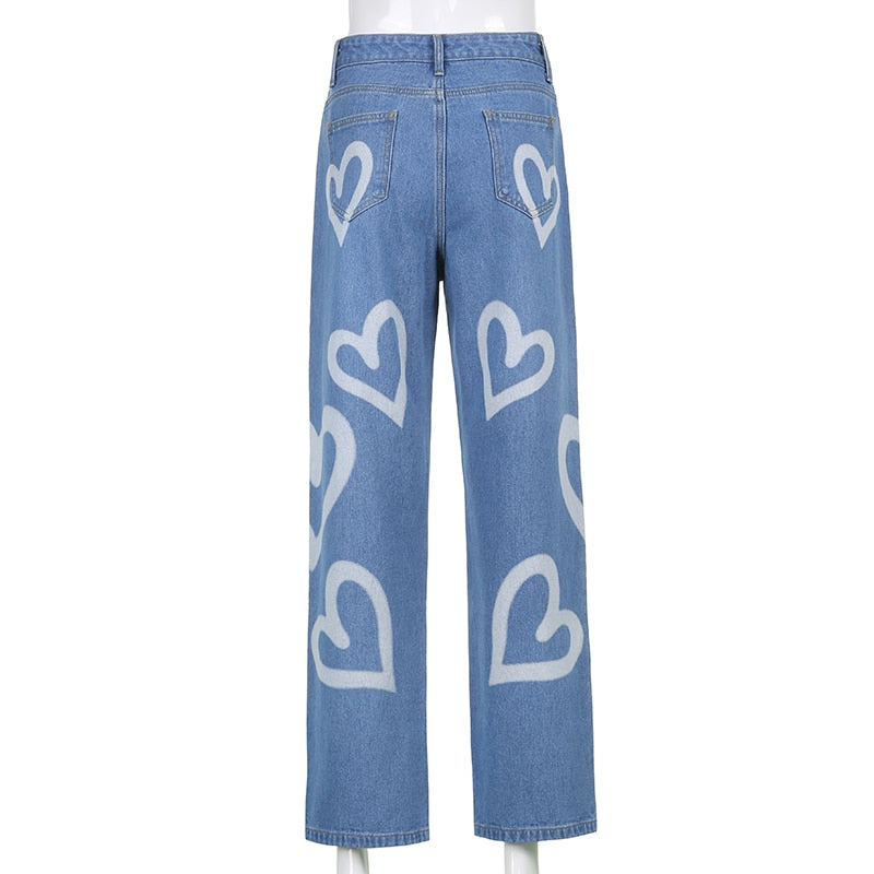 Straight Leg Jeans With Heart Graffiti Print - Ghoul RIP