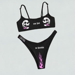 Strappy Bandeau 'Too Hot To Handle' With Skull & Flame Print Bikini - Ghoul RIP
