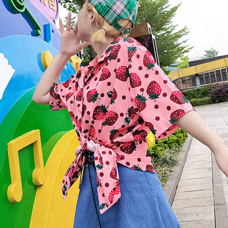 Strawberry Print Short Sleeve Button Up Shirt - Ghoul RIP