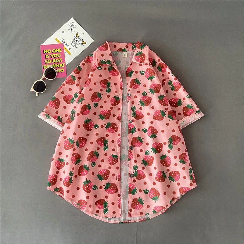 Strawberry Print Short Sleeve Button Up Shirt - Ghoul RIP