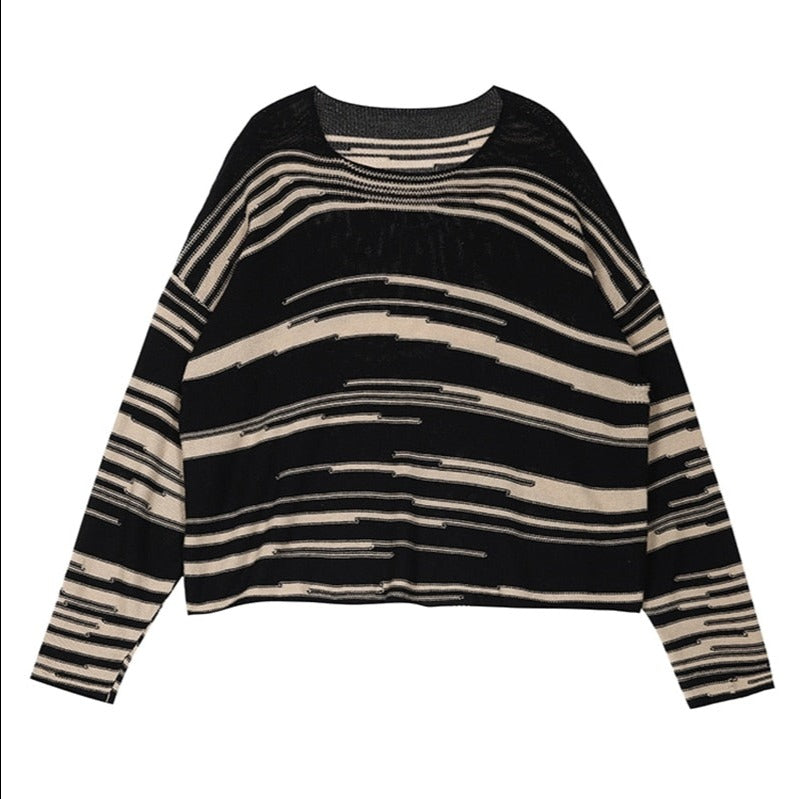 Tan & Black Uneven Glitched Stripe Sweater - Ghoul RIP