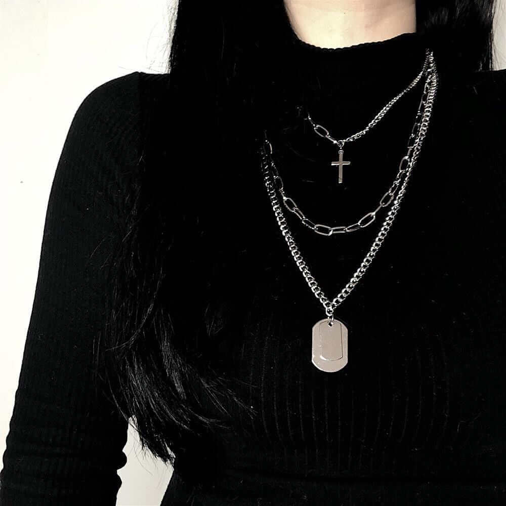 Three Chain Necklace Set With Cross & Dog Tag Pendants - Ghoul RIP