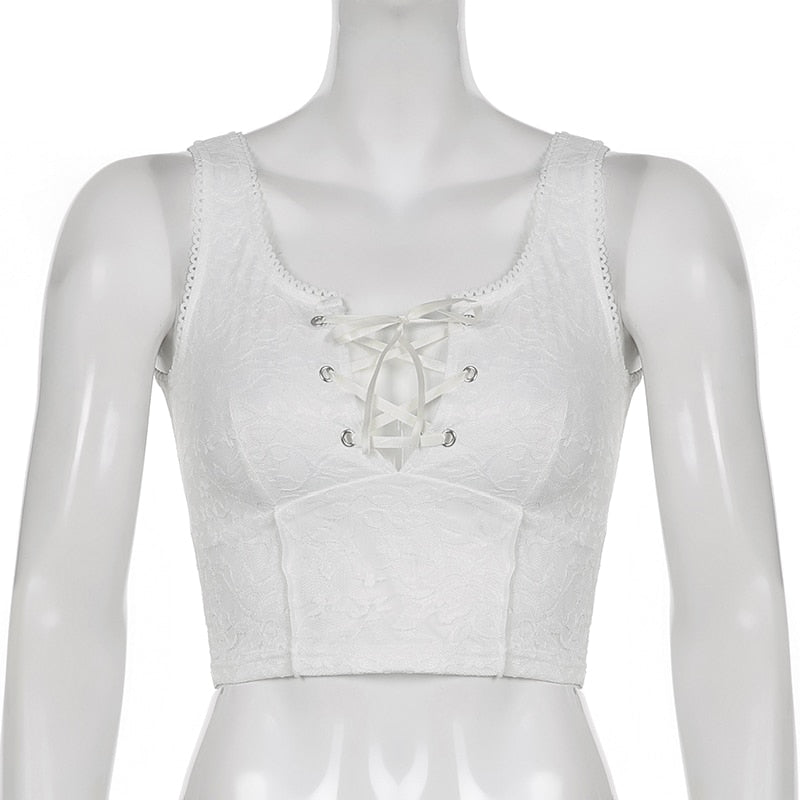 Tie Front Cami Crop Top In White Lace - Ghoul RIP