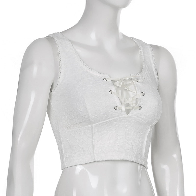 Tie Front Cami Crop Top In White Lace - Ghoul RIP