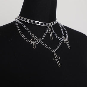Tiered Chain & Cross Choker Necklace - Ghoul RIP