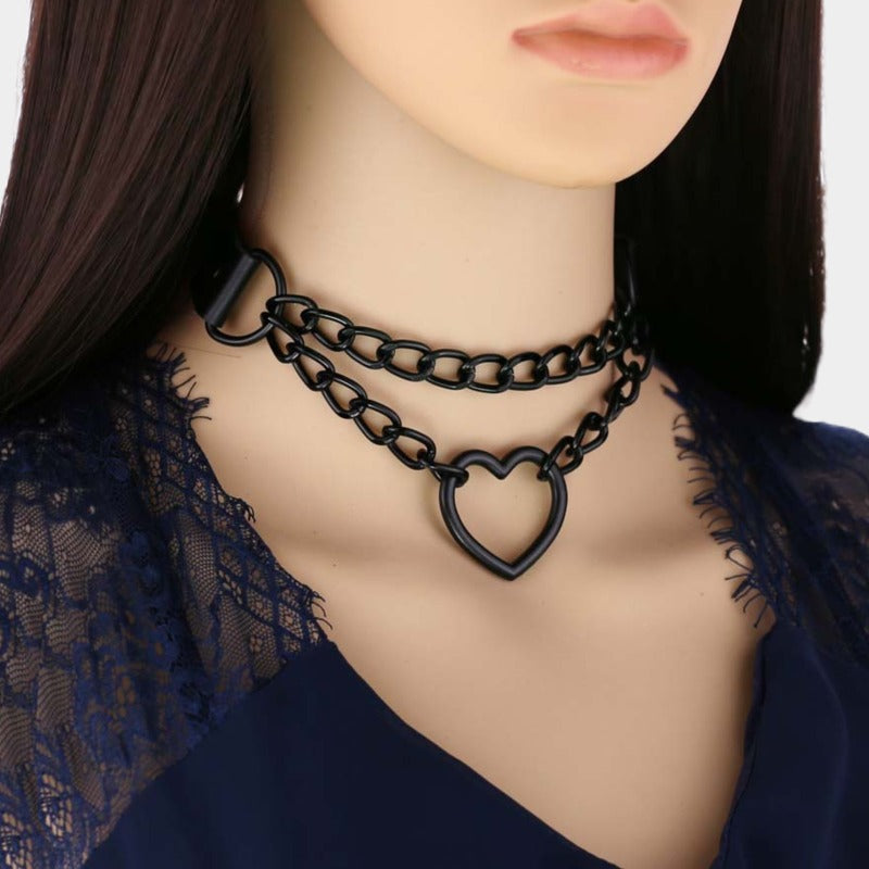 Tiered Chain & Heart Choker Necklace - Ghoul RIP
