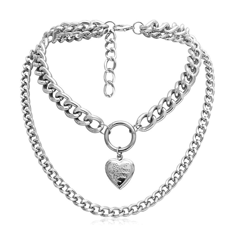 Tiered Cuban Link Necklace With Heart Pendant - Ghoul RIP