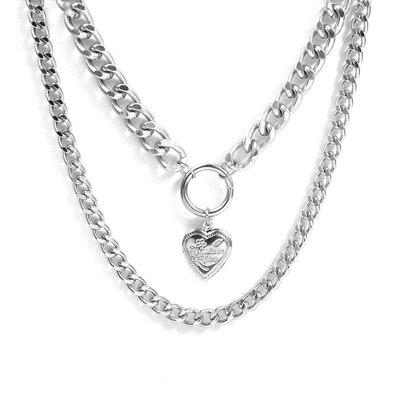 Tiered Cuban Link Necklace With Heart Pendant - Ghoul RIP