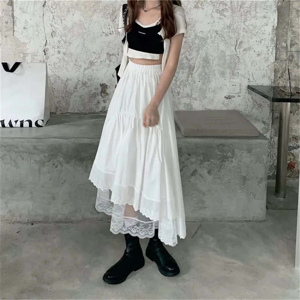 Tiered High Waist Midi Skirt With Lace Hem - Ghoul RIP
