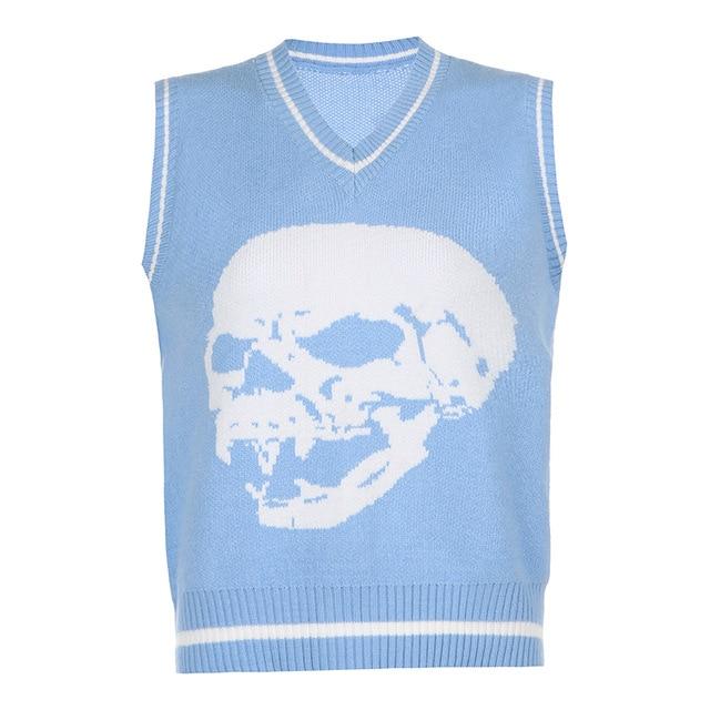 Vampire Skull Knit Jacquard V Neck Sweater Vest - Ghoul RIP