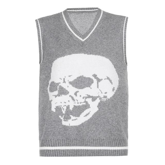 Vampire Skull Knit Jacquard V Neck Sweater Vest - Ghoul RIP