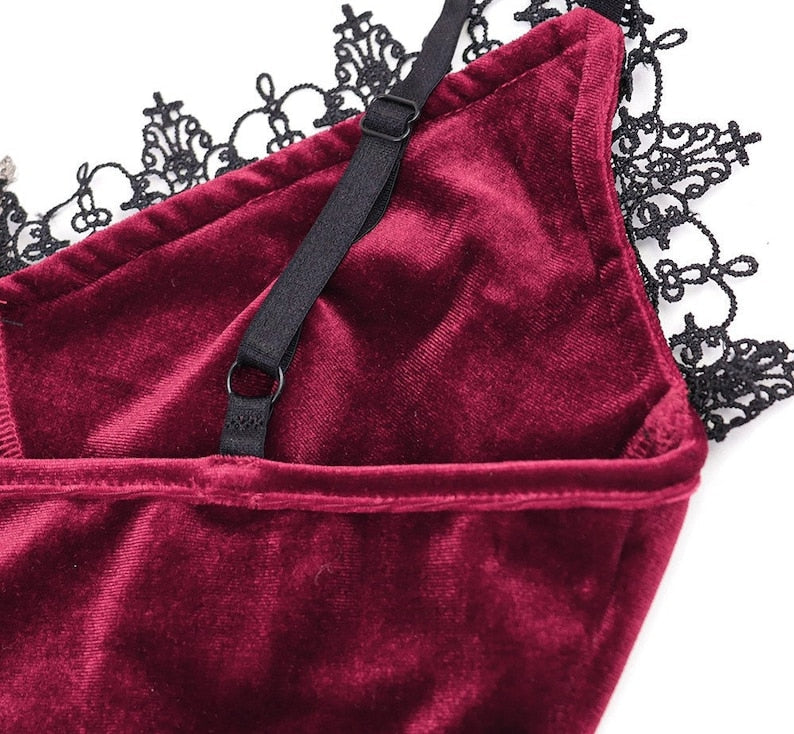 Velvet Bralette With Lace Edges & Cross Charm - Ghoul RIP