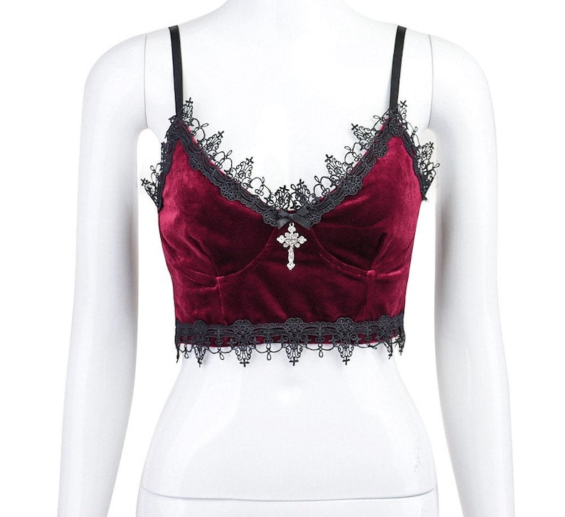 Velvet Bralette With Lace Edges & Cross Charm - Ghoul RIP