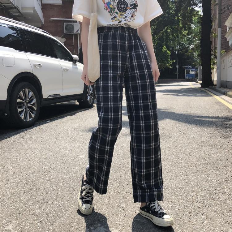 Vintage Style High Waisted Plaid Pants - Ghoul RIP