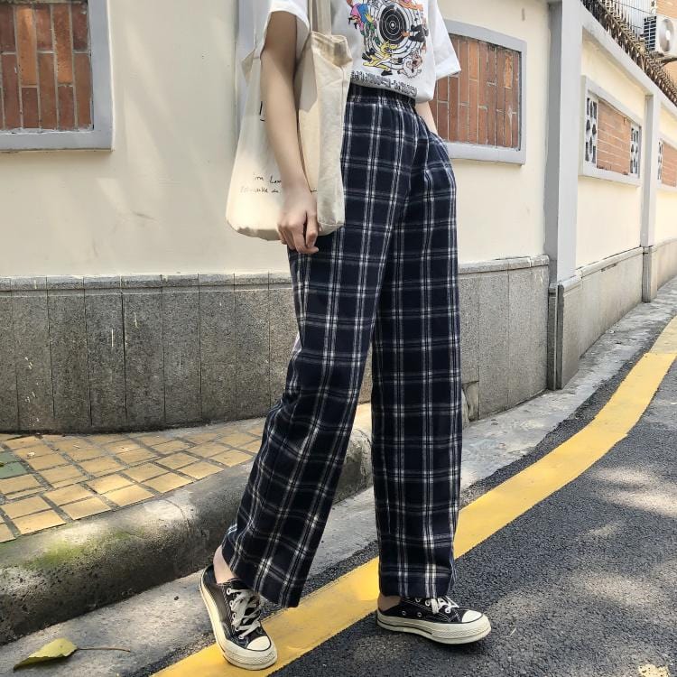 Vintage Style High Waisted Plaid Pants - Ghoul RIP