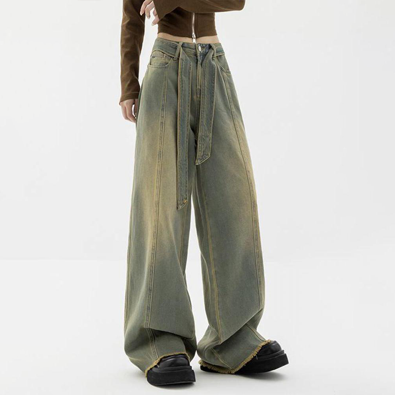 Vintage Wash Cyber Grunge Jeans With Tie Belt - Ghoul RIP