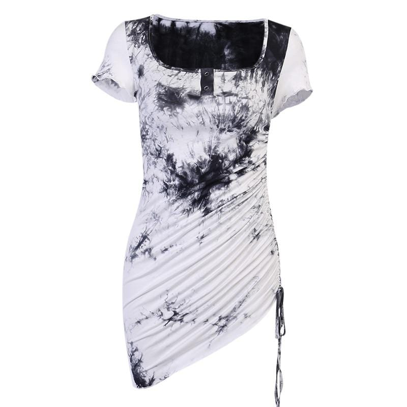 White & Black Tie Dye Scoop Neck Henley Mini Dress - Ghoul RIP