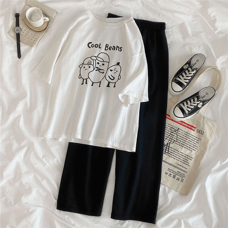 White Cool Beans Graphic Tee & Black Pants Set - Ghoul RIP