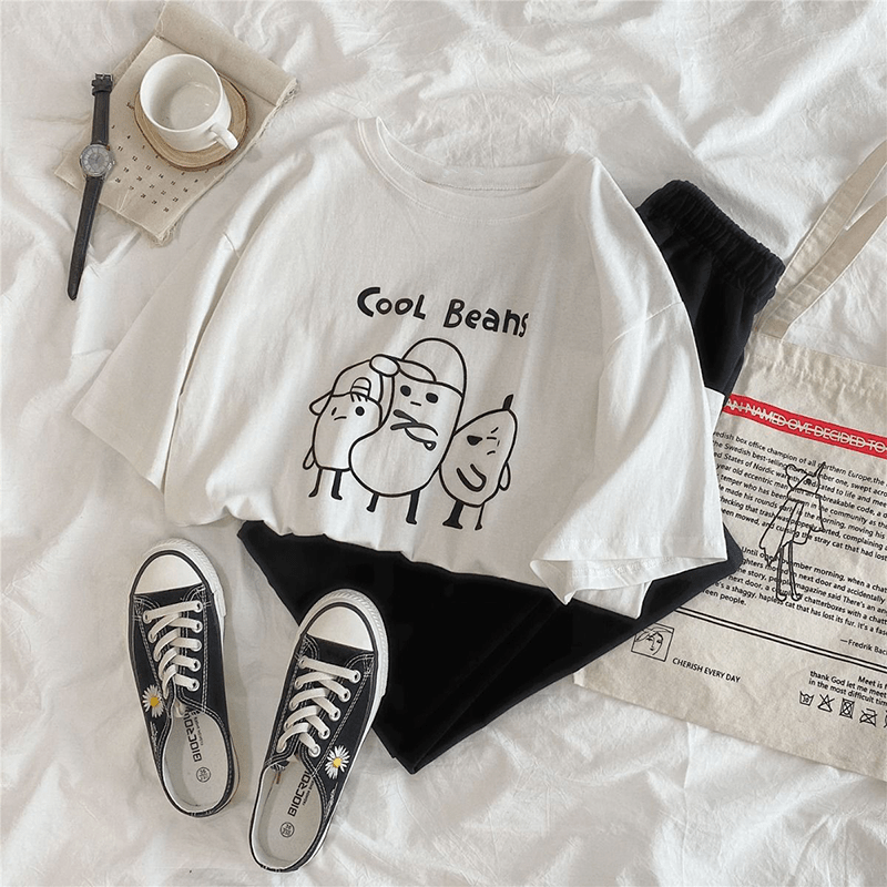 White Cool Beans Graphic Tee & Black Pants Set - Ghoul RIP