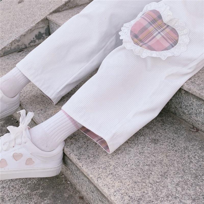 White Corduroy Trousers With Pink Plaid Heart Applique - Ghoul RIP