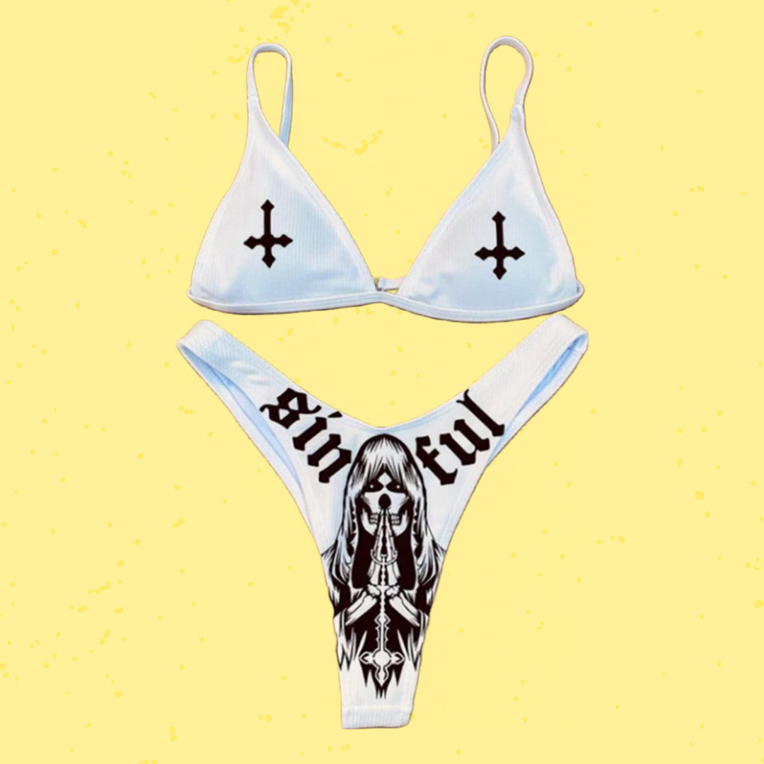 White Inverted Cross Grim Reaper 'Sinful' Triangle Bikini - Ghoul RIP