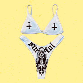 White Inverted Cross Grim Reaper 'Sinful' Triangle Bikini - Ghoul RIP