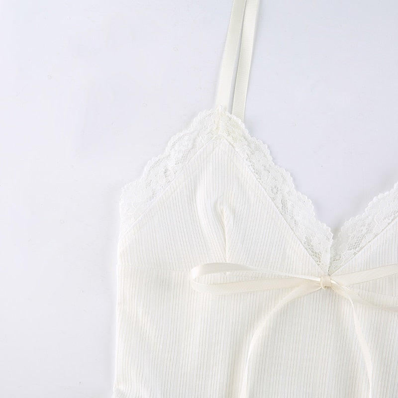 White Lace Cami With Ribbon Bow Straps - Ghoul RIP