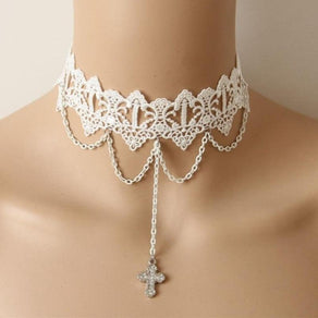 White Lace Choker With Chain & Cross Design - Ghoul RIP