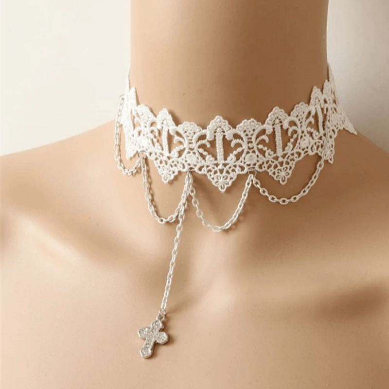 White Lace Choker With Chain & Cross Design - Ghoul RIP