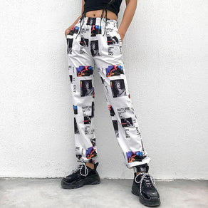 White Streetwear Collage Print Joggers - Ghoul RIP