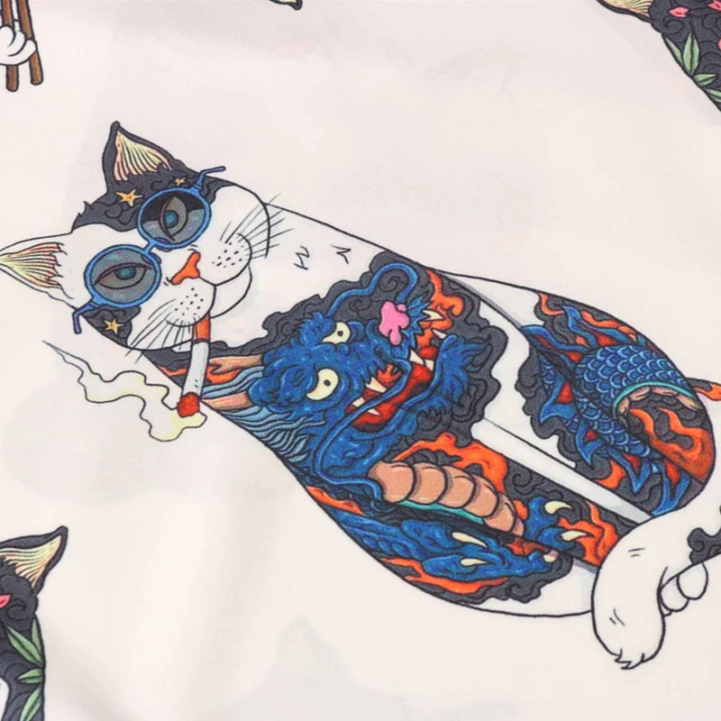 Yakuza Cat Short Sleeve Button Up Shirt - Ghoul RIP