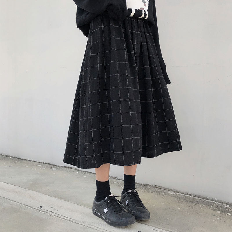 Grid Pattern Midi Skirt With Elastic Waist - Ghoul RIP